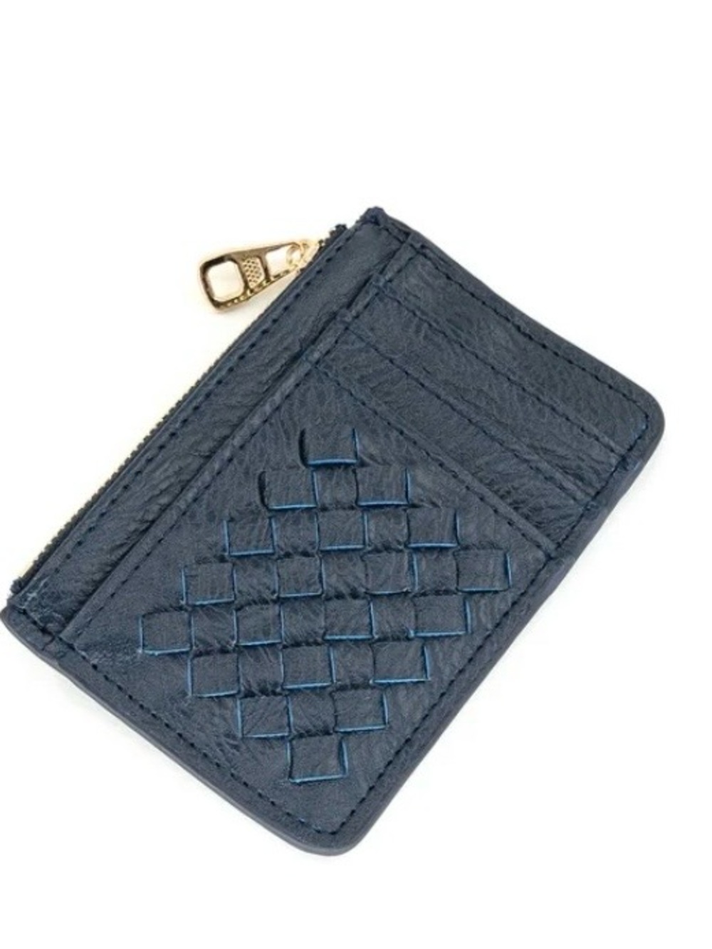 Woven Detail Leather Card Holder with Zip - Navy